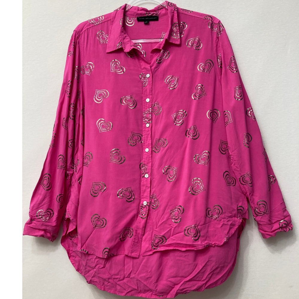 Jane and Delancey Button Down XL Pink Heart Metallic Print High Low Blouse - Picture 2 of 8